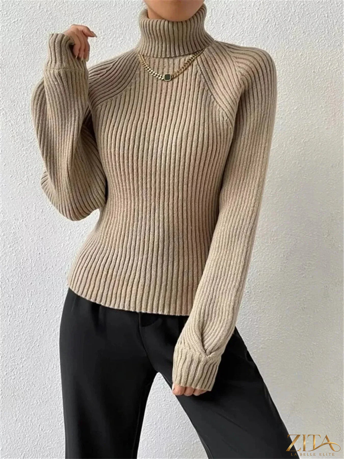 Zita La Belle Elite ribbed knit turtleneck sweater in cozy, fitted design with a high neckline and textured ribbed pattern.
