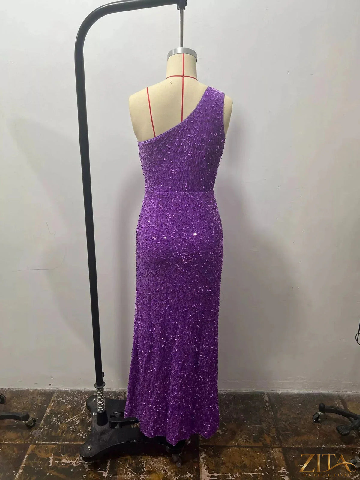 Zita La Belle Elite one-shoulder ruched sequin evening dress with high slit, elegant and glamorous for formal events.