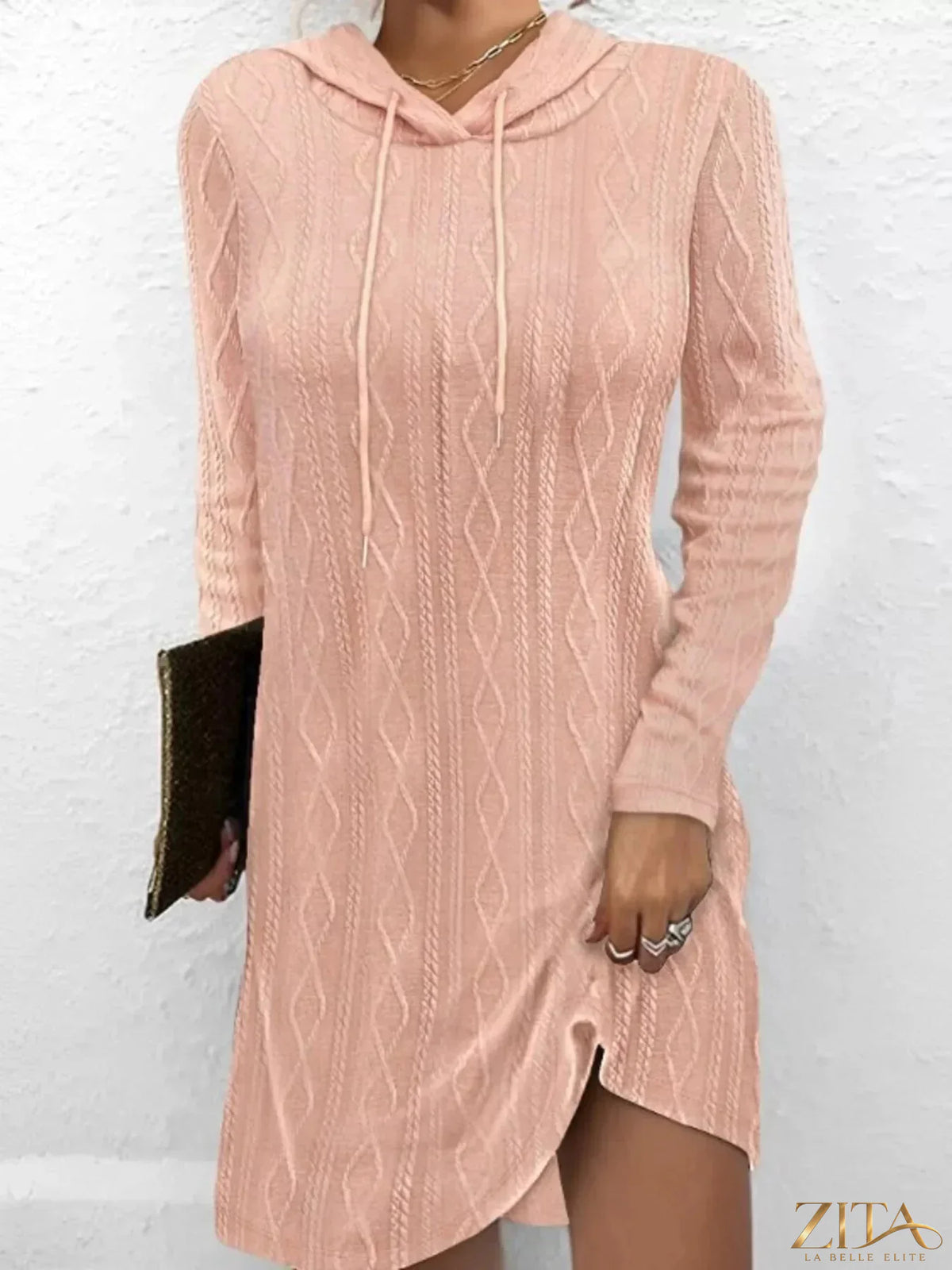 Zita La Belle Elite casual long sleeve hooded knit dress displayed on a mannequin, featuring a relaxed fit and soft fabric.