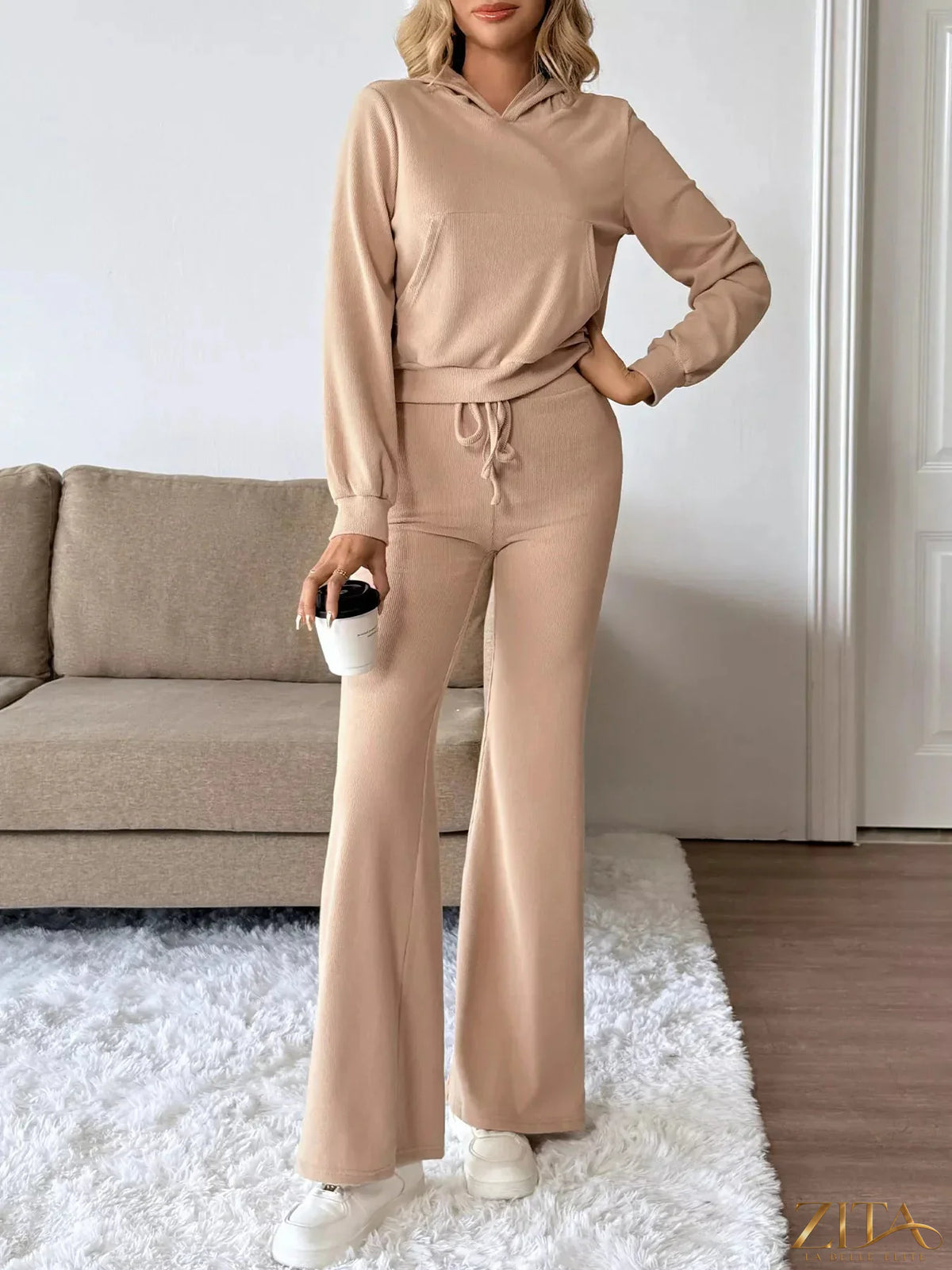 Zita La Belle Elite long sleeve hoodie and pants set in soft fabric, navy blue with ribbed cuffs and a relaxed fit.