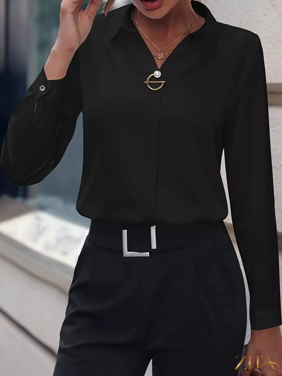 Zita La Belle Elite long sleeve satin blouse in elegant fabric with a smooth, shiny finish and classic design.