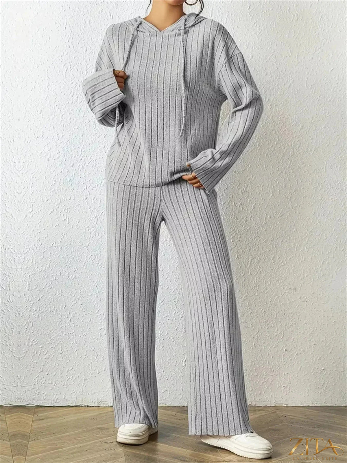 Zita La Belle Elite ribbed drawstring hoodie and pants set, featuring a cozy matching loungewear outfit with ribbed fabric and adjustable drawstrings.