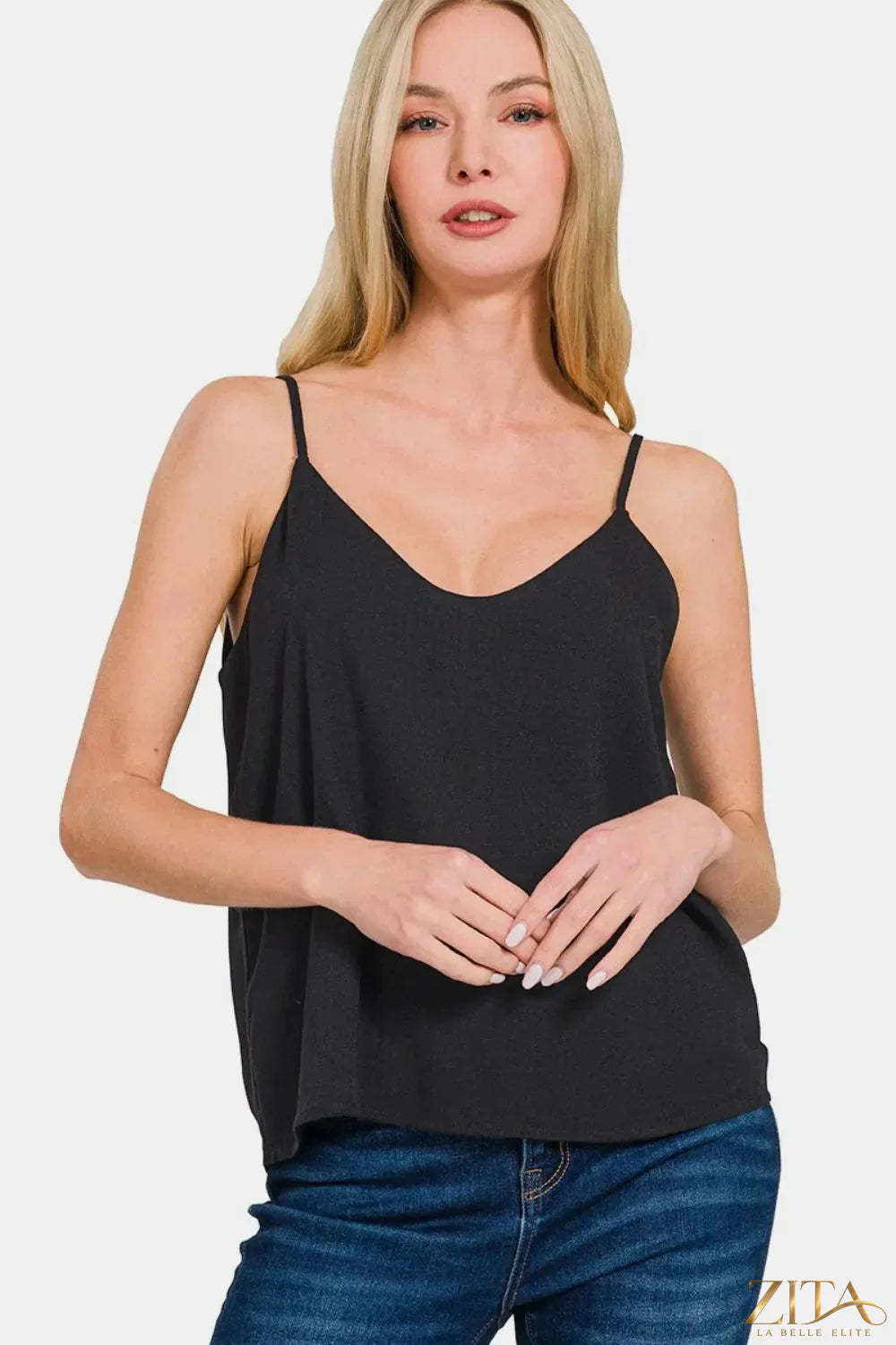 Zita La Belle Elite Zenana two-layered spaghetti strap cami with adjustable straps and lightweight fabric, shown on a white background.