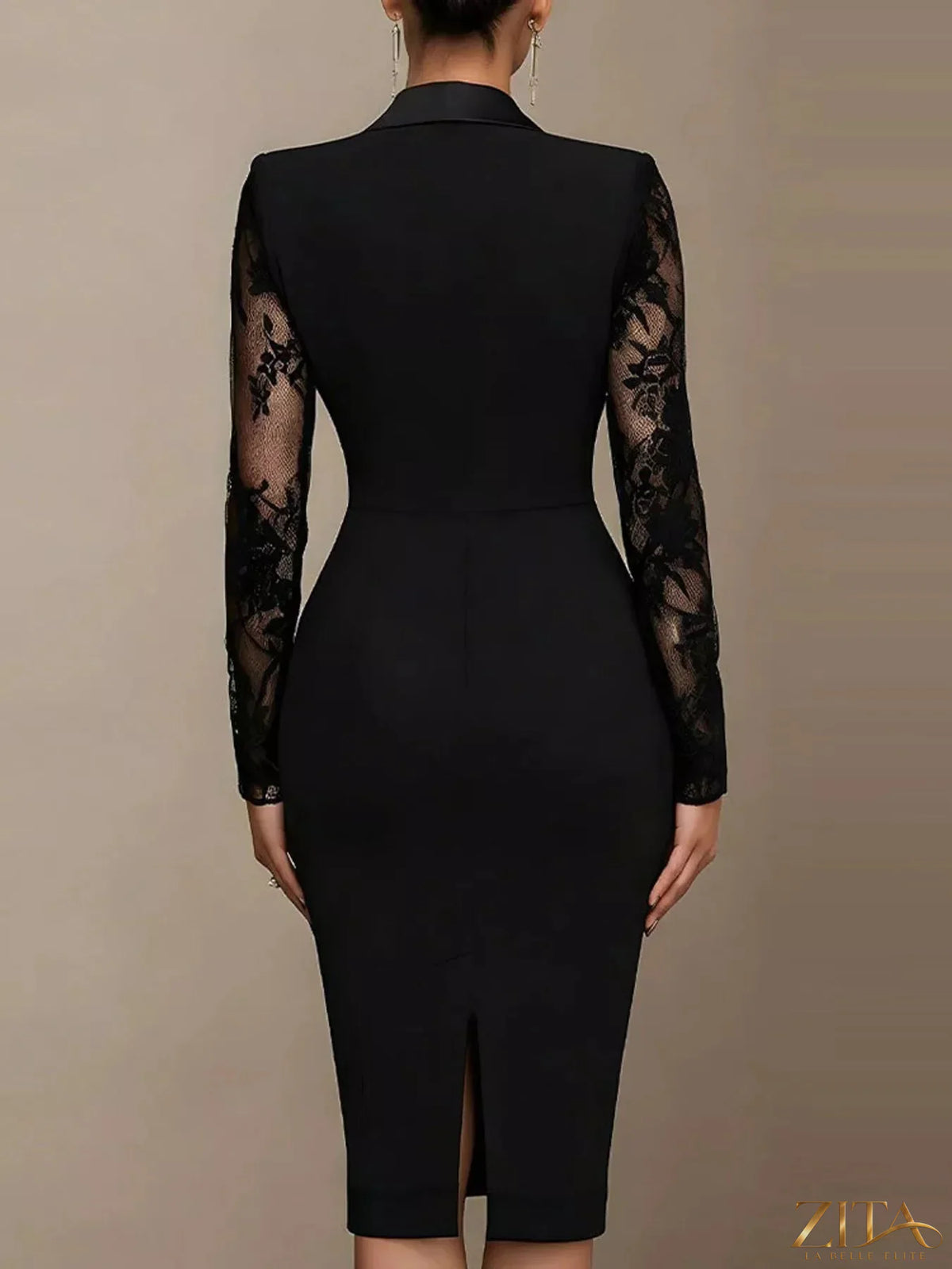 Zita La Belle Elite lace-sleeve blazer dress shown on a model, featuring tailored fit, elegant lace sleeves, and classic collar design.