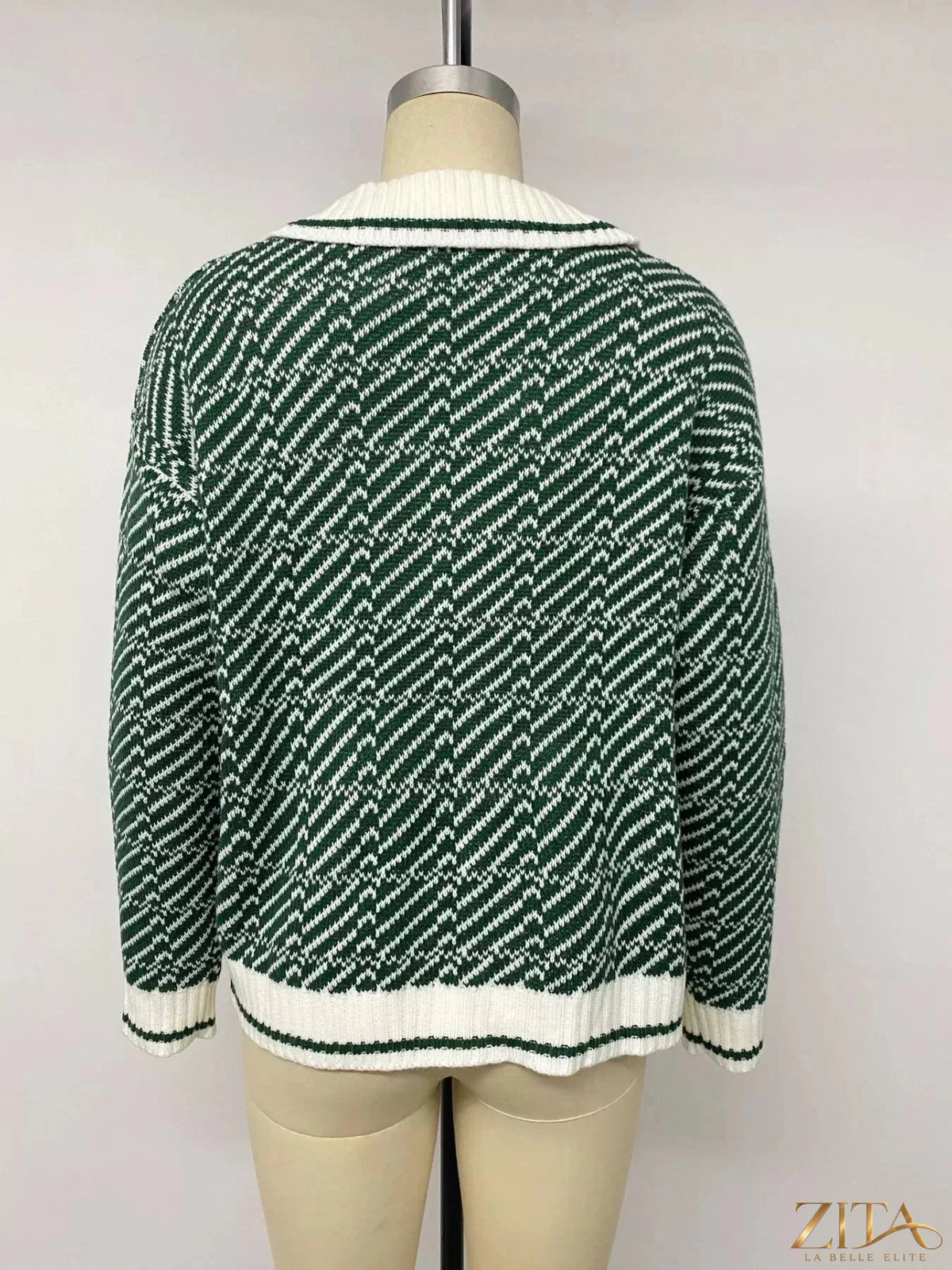 Zita La Belle Elite geometric patterned collared sweater featuring a colorful, modern design with a ribbed collar and cuffs.