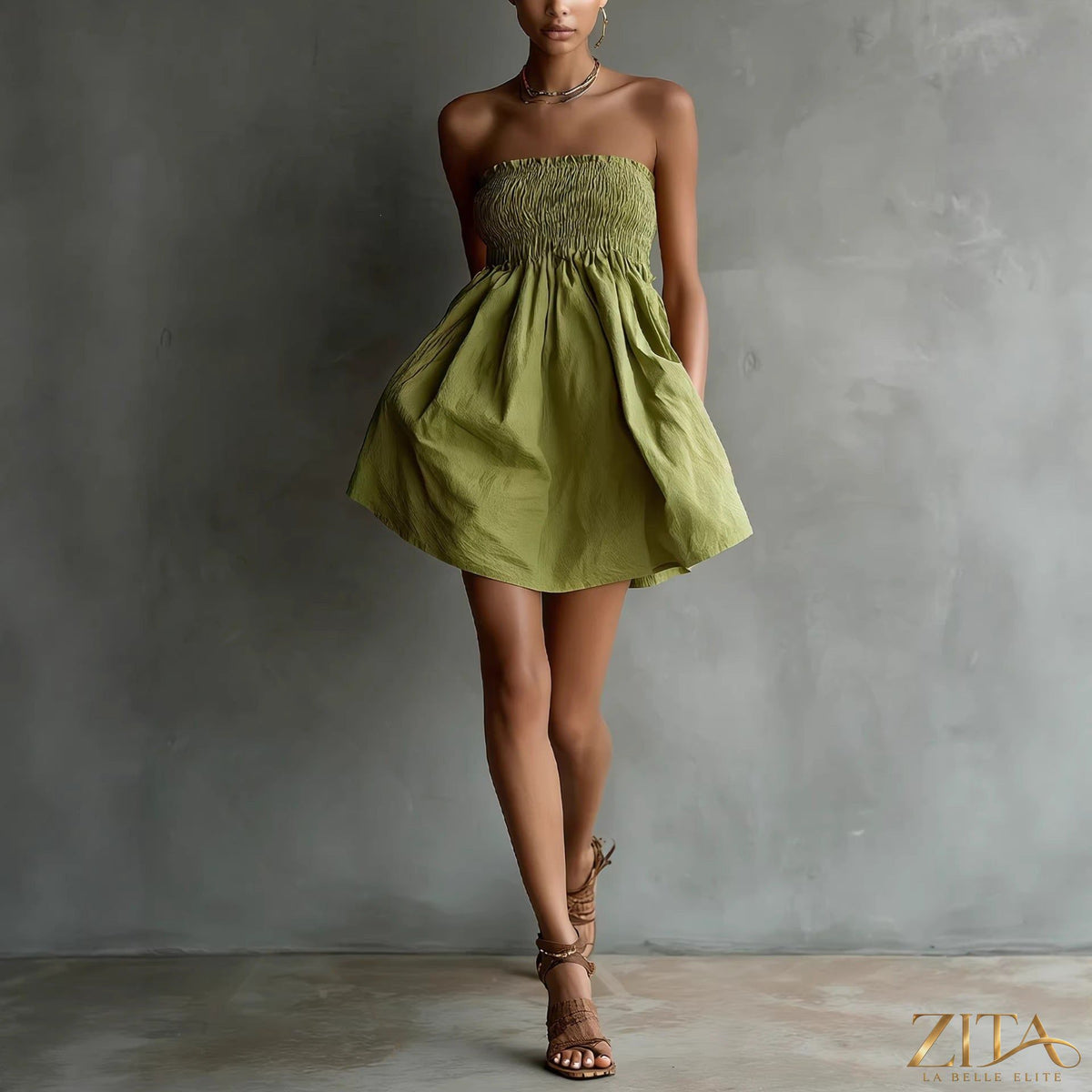 Women’s strapless tube mini dress by Zita La Belle Elite, solid color casualwear with elastic waist, perfect for warm weather.
