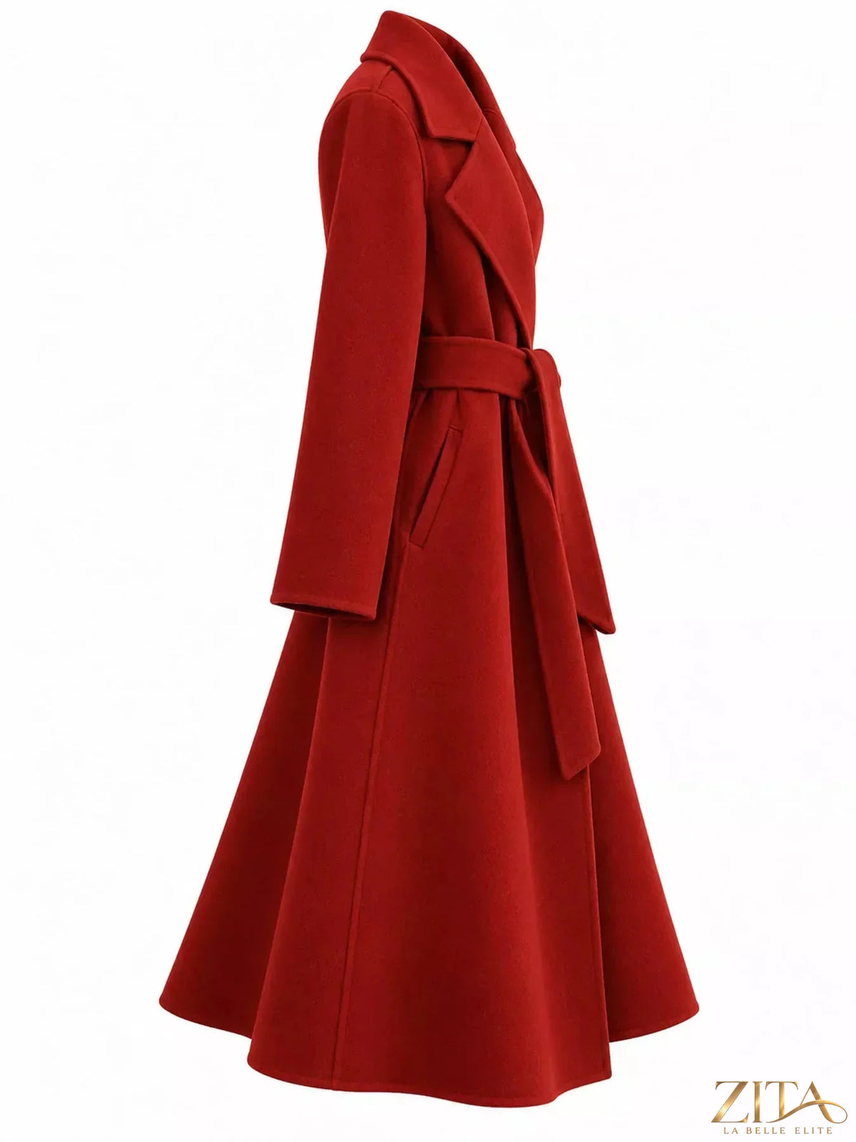 Zita La Belle Elite longline wool coat with waist-defining belt, stylish outerwear with a sleek, tailored fit and cozy fabric.