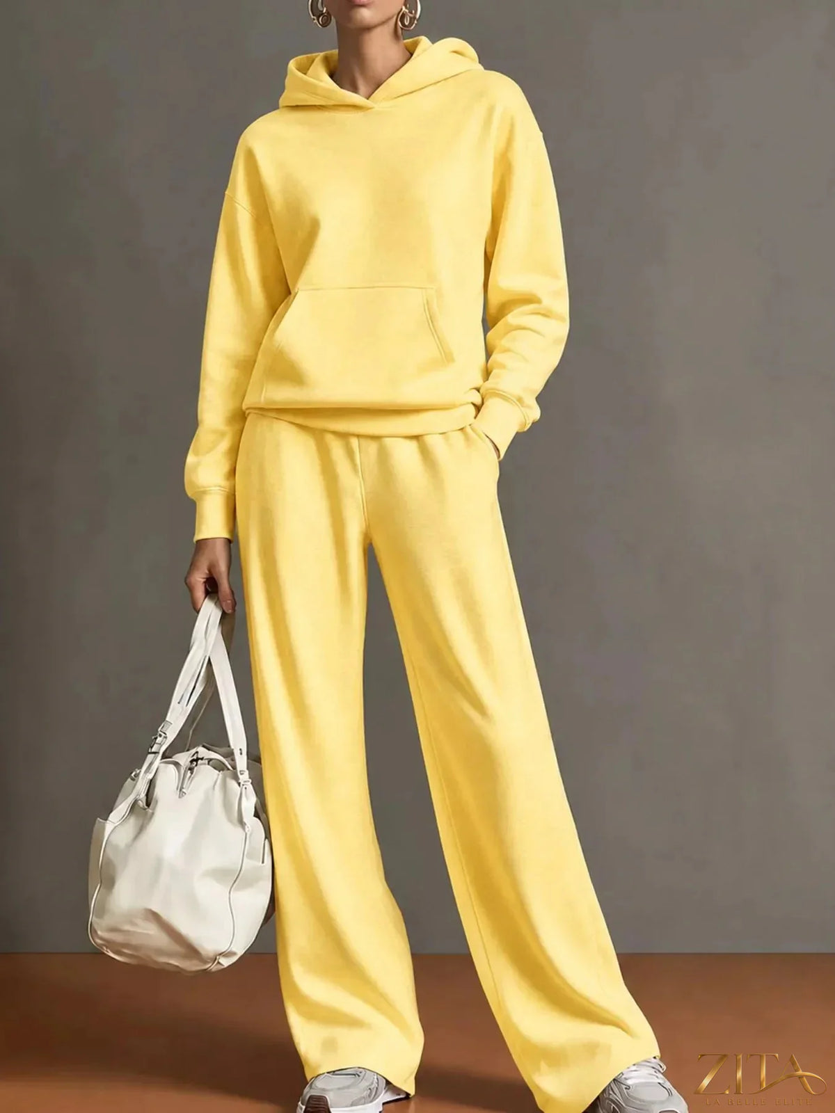 Zita La Belle Elite kangaroo pocket hoodie and matching pants set, casual two-piece loungewear in soft fabric, front view.