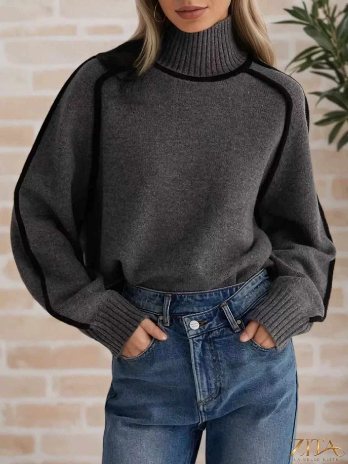 Zita La Belle Elite contrast trim turtleneck sweater in neutral tones, featuring ribbed cuffs and a cozy fit.