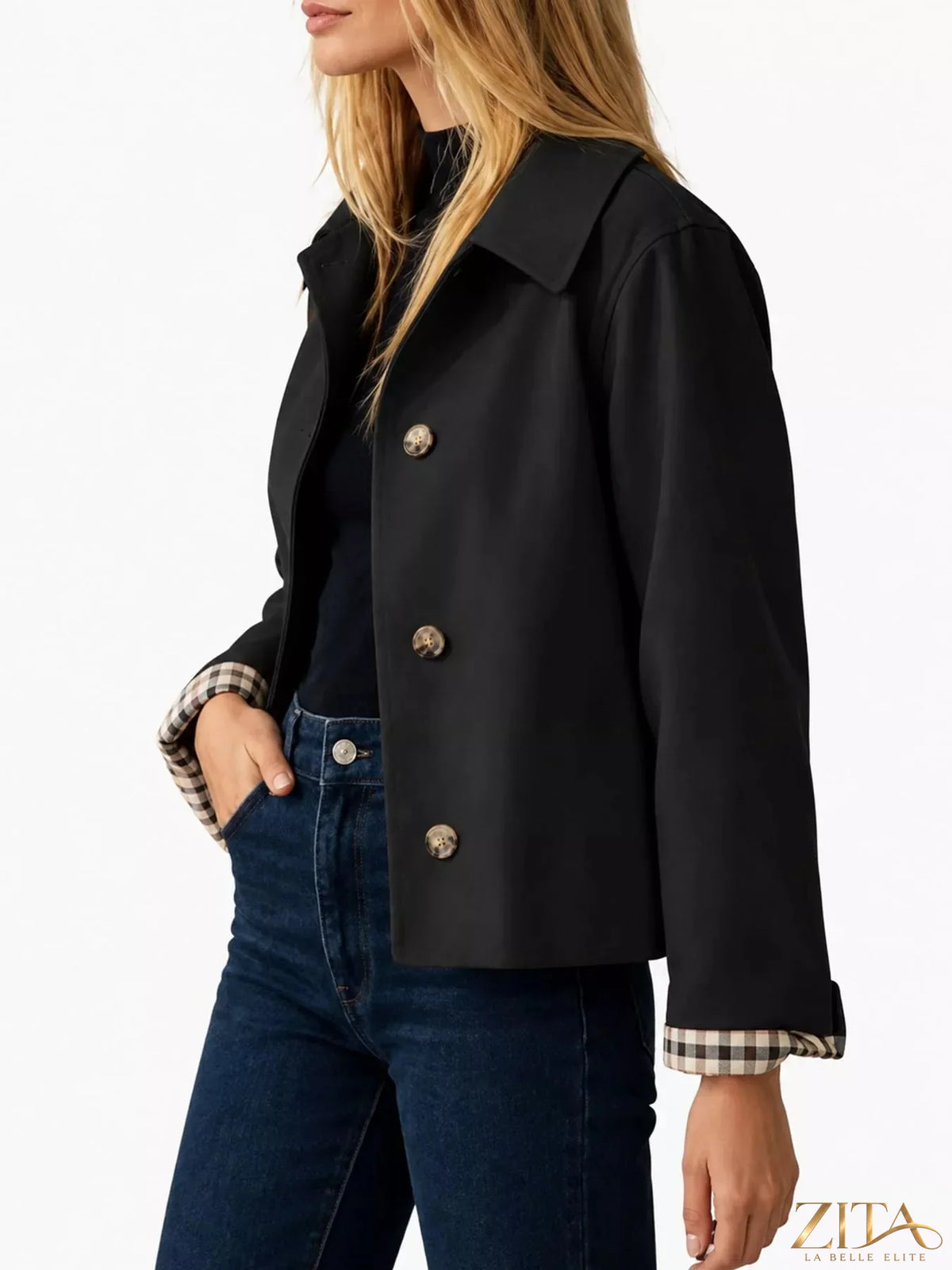 Zita La Belle Elite plaid cuffs cropped trench outerwear with checkered pattern and stylish design, perfect for layered fall fashion.