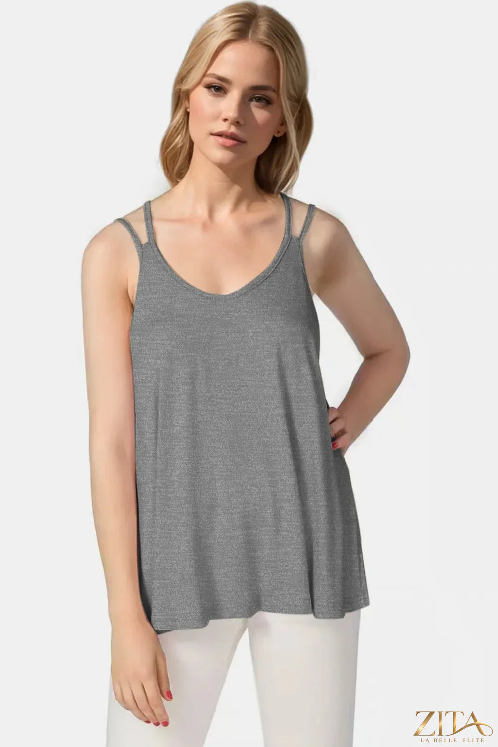 Zita La Belle Elite Basic Bae bamboo cami with scoop neck and double spaghetti straps, soft and lightweight fabric, visible in the image.