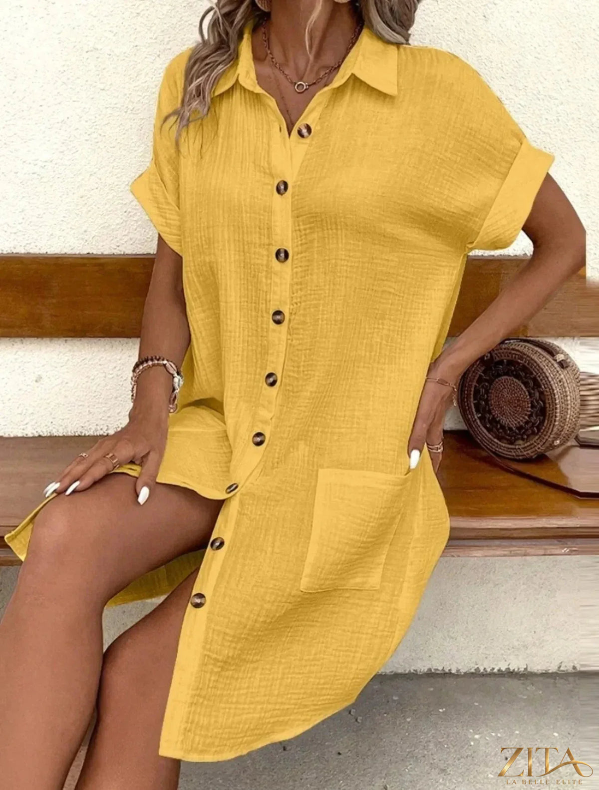 Zita La Belle Elite casual button-down shirt dress with pockets, long sleeves, and a relaxed fit.