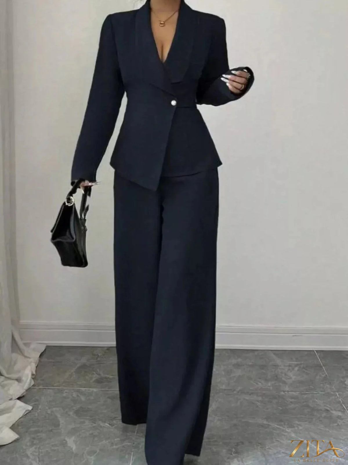 Zita La Belle Elite one button blazer and matching pants set, tailored fit with classic style, shown on a mannequin.