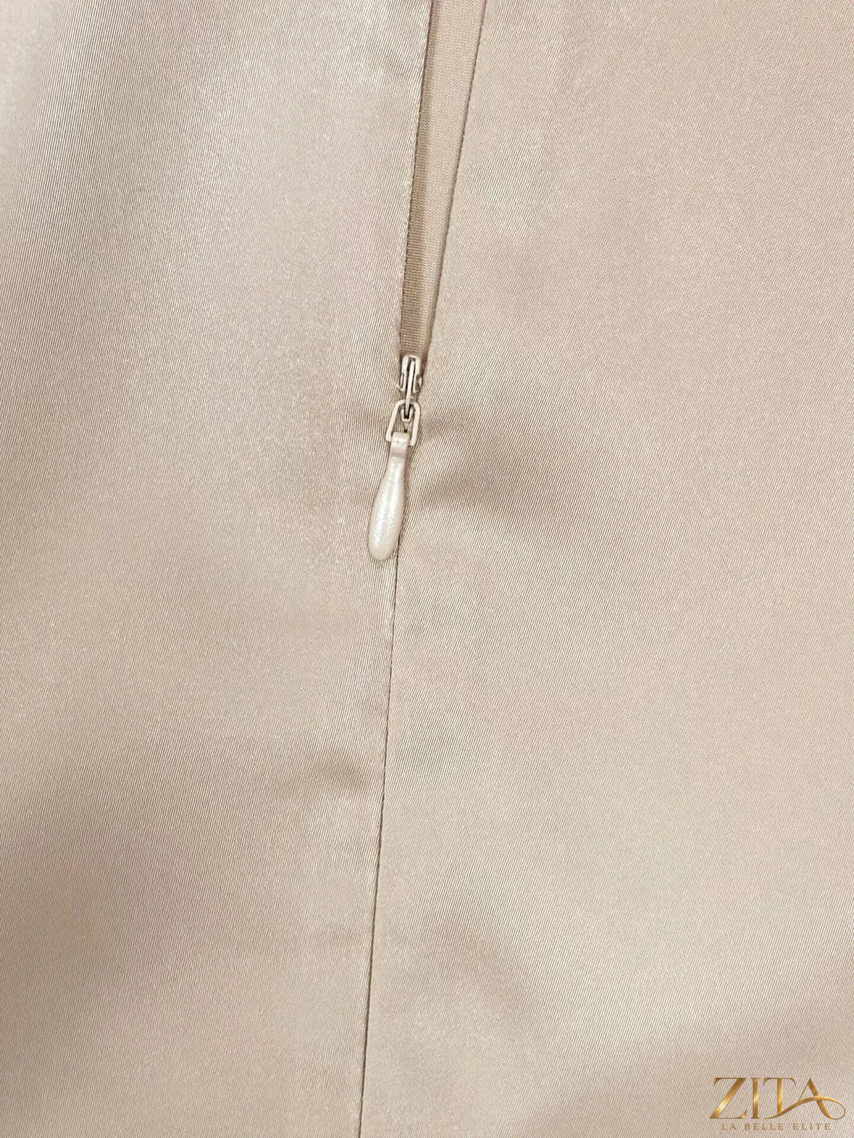 Zita La Belle Elite long sleeve satin ruched midi dress displayed on a mannequin with a fitted silhouette and elegant design.