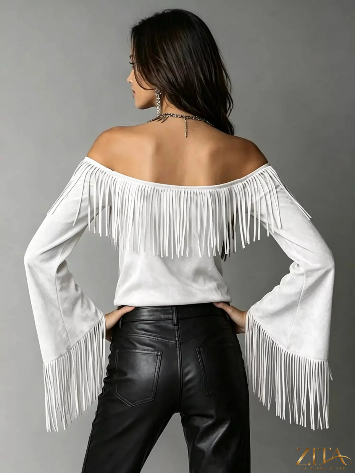 Plus size off-shoulder T-shirt with fringed neckline, casual style, and relaxed fit, by Trendsi.