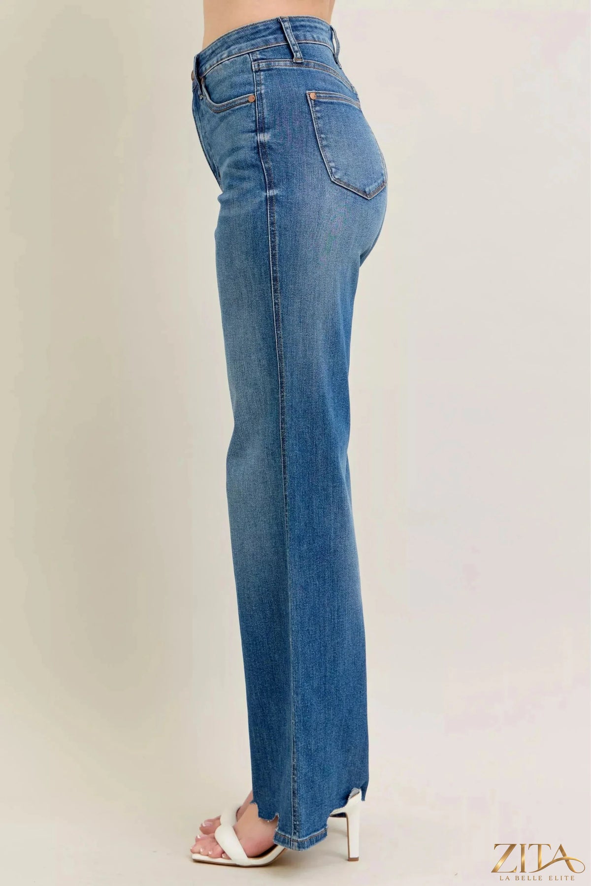 Zita La Belle Elite Judy Blue tummy control distressed wide-leg jeans with ripped details and a comfortable fit, shown on a model.