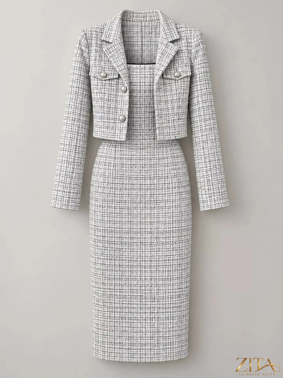 Zita La Belle Elite tweed square neck dress with matching cardigan set, stylish and elegant for sophisticated occasions.