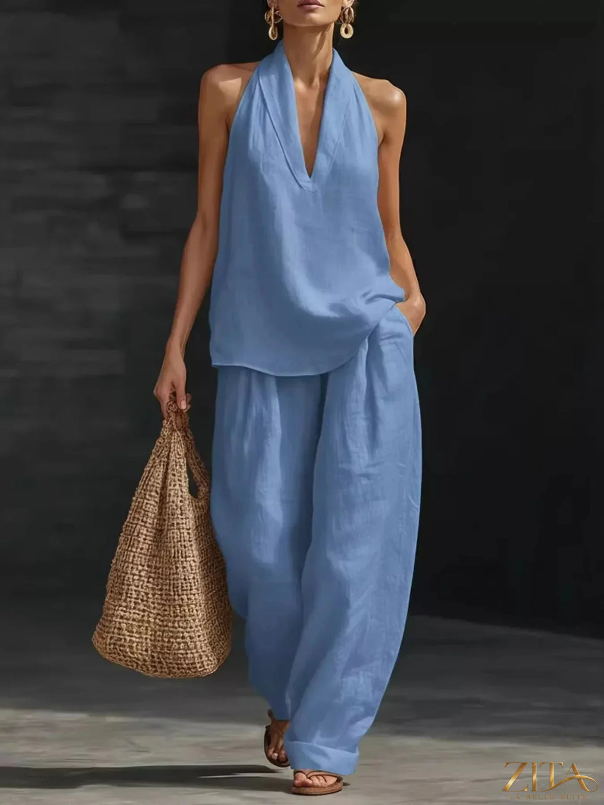 Plus size Zita La Belle Elite halter neck top and wide-leg pants set, stylish and comfortable for casual or dressy occasions.