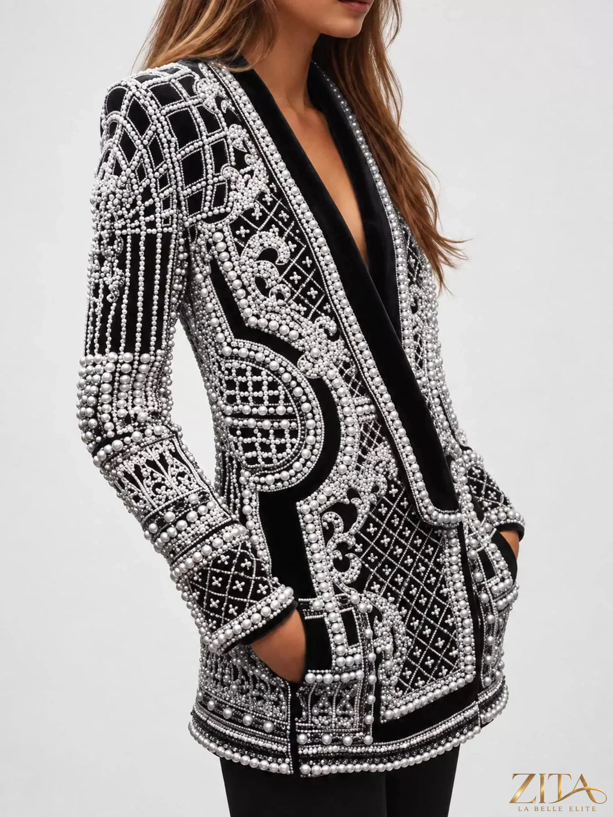 Plus size Zita La Belle Elite embellished pearl blazer with one button, tailored fit, and elegant design, shown from the front.