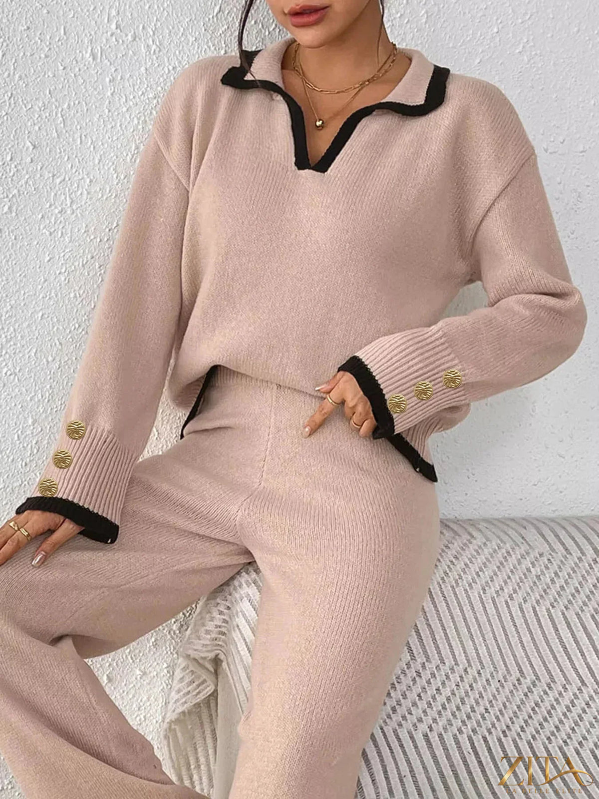 Zita La Belle Elite contrast trim polo collar sweater featuring a classic knit design and stylish detailing.
