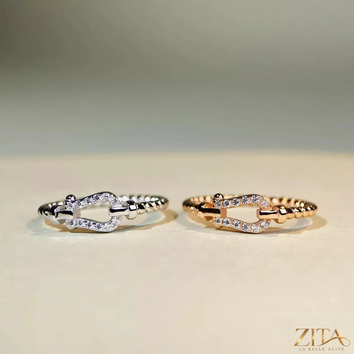 925 Sterling Silver Zircon Horseshoe Ring by Zita La Belle Elite, featuring a horseshoe-shaped design with sparkling zircon stones.