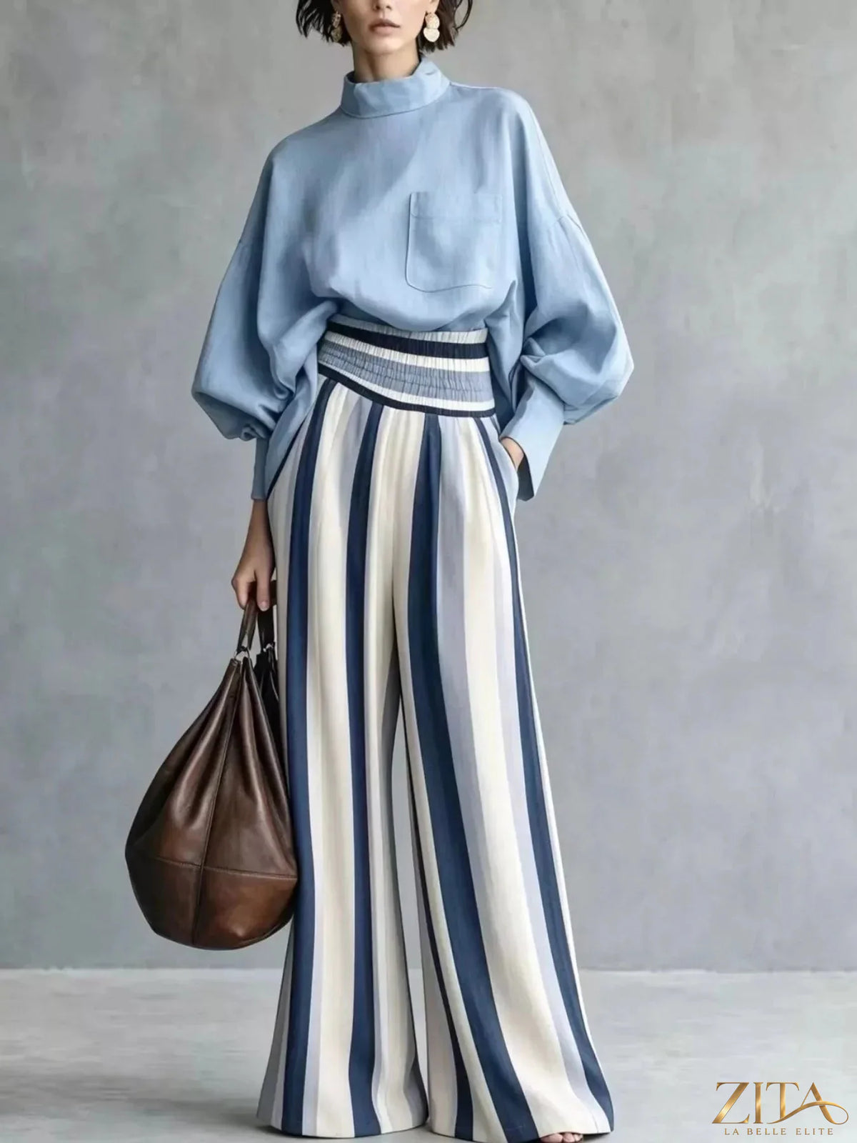 Plus size Trendsi mock neck top and striped wide-leg pants set, featuring a fitted mock neck and flowing striped pants.