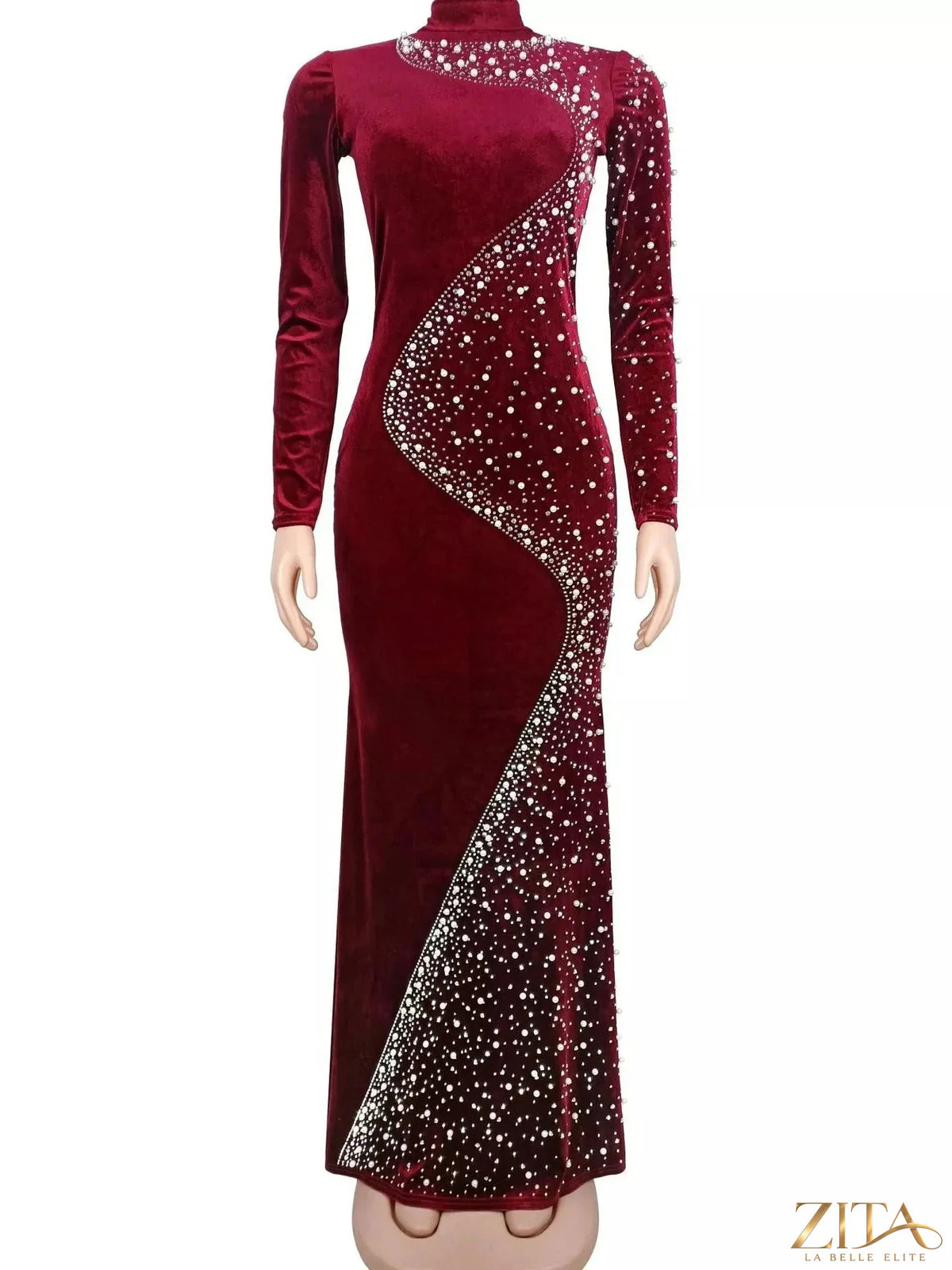 Velvet mermaid evening maxi dress by Zita La Belle Elite with rhinestone embellishments and a flattering fitted silhouette.