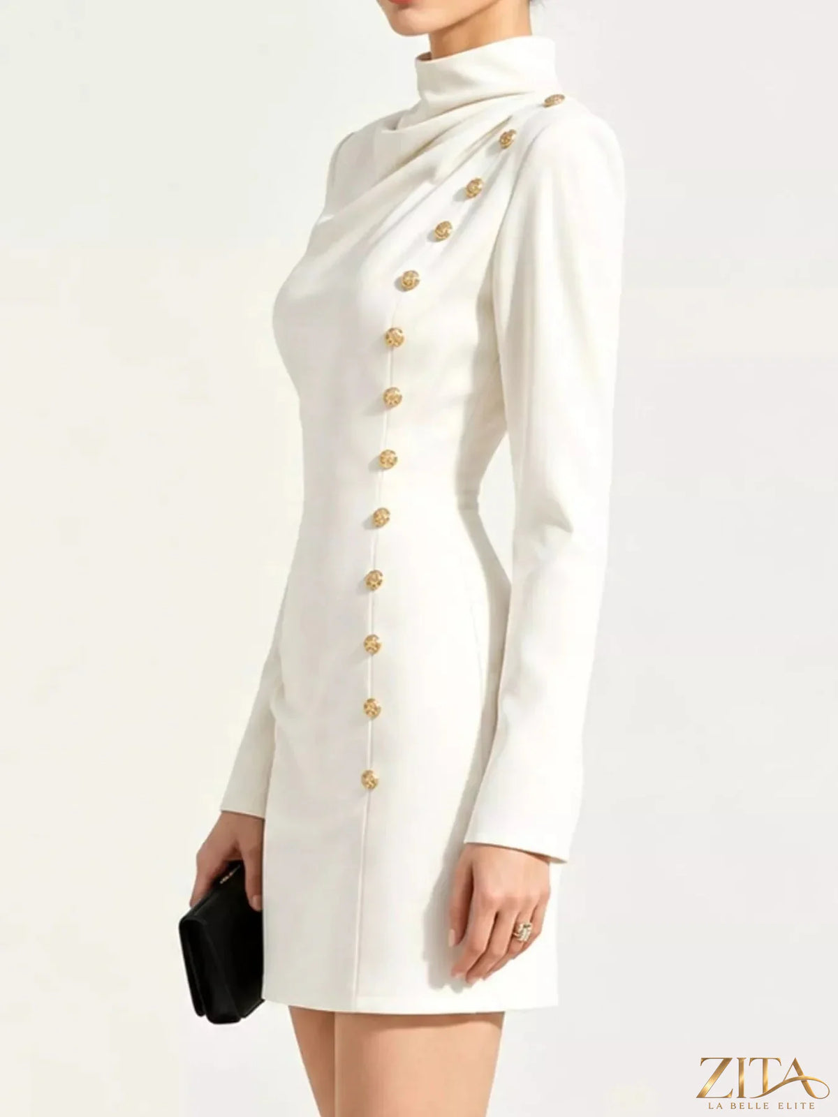 Plus size Zita La Belle Elite mini dress with decorative buttons and mock neck, showcasing a stylish full-size design.