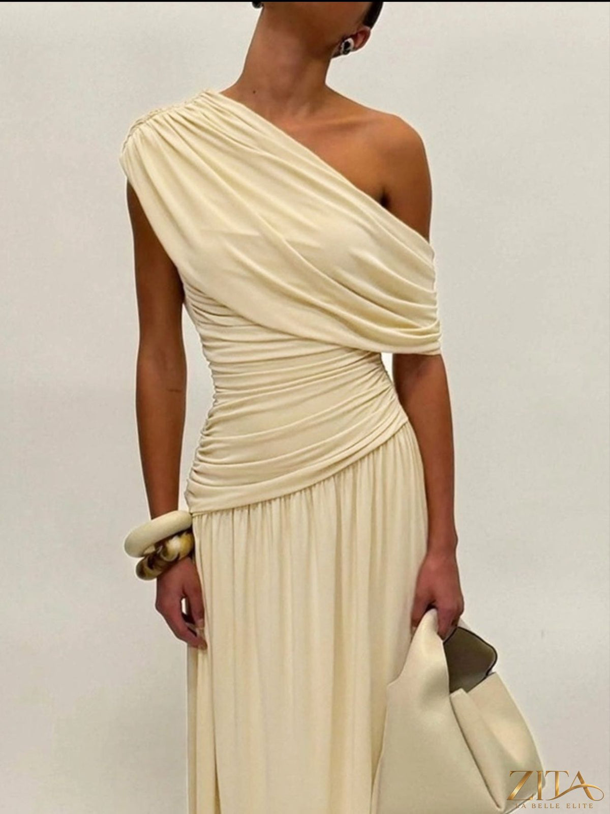 Zita La Belle Elite one-shoulder ruched maxi dress in elegant fabric, featuring a flowing silhouette and stylish design.