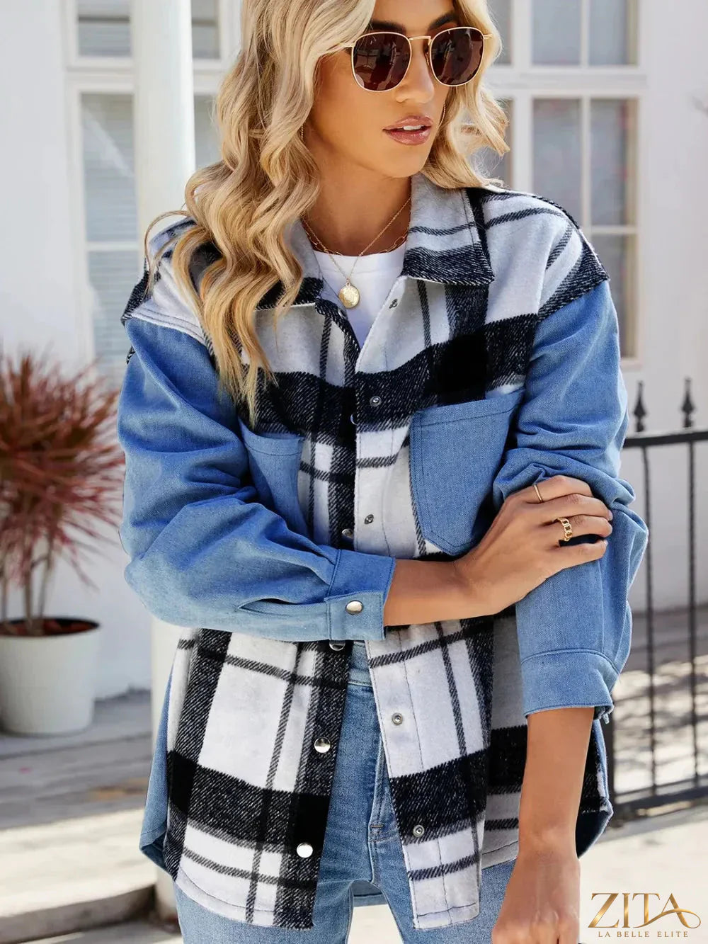 Zita La Belle Elite pocketed plaid snap-down denim jacket with front pockets and button closure, casual and stylish for everyday wear.