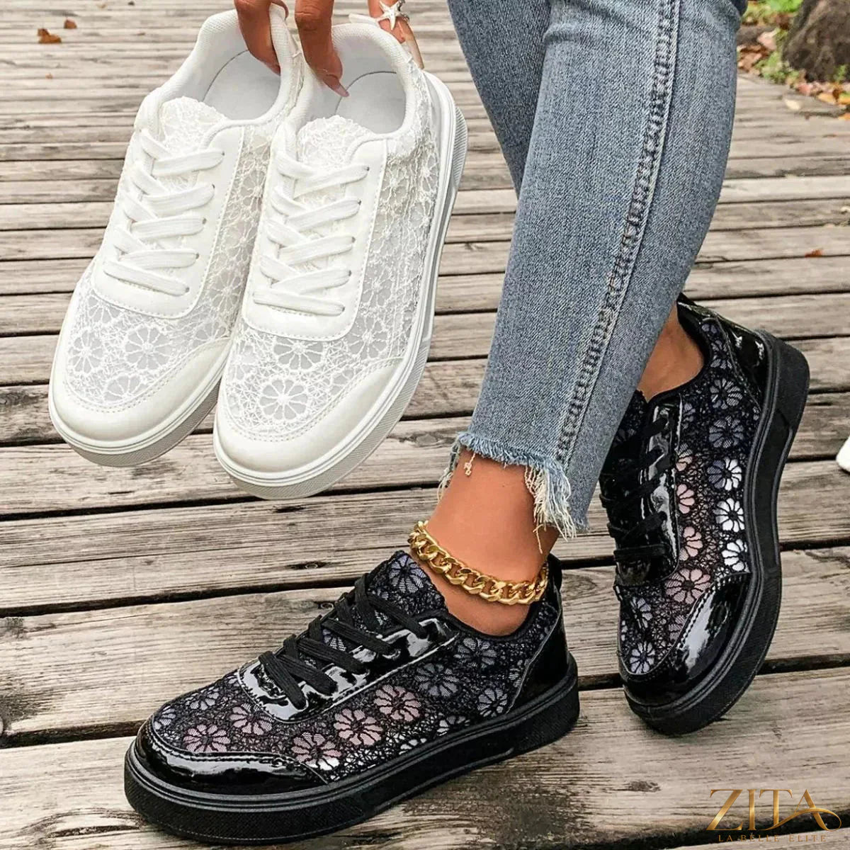 Zita La Belle Elite round toe lace sneakers in white with white laces and rubber sole, casual footwear for women.