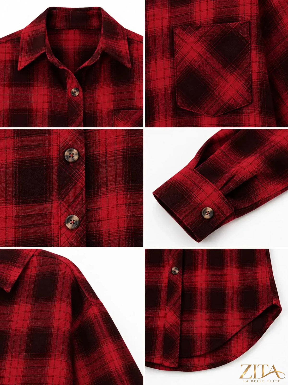 Zita La Belle Elite plaid button-down oversized shirt with a relaxed fit and classic collar, featuring a red and black checkered pattern.