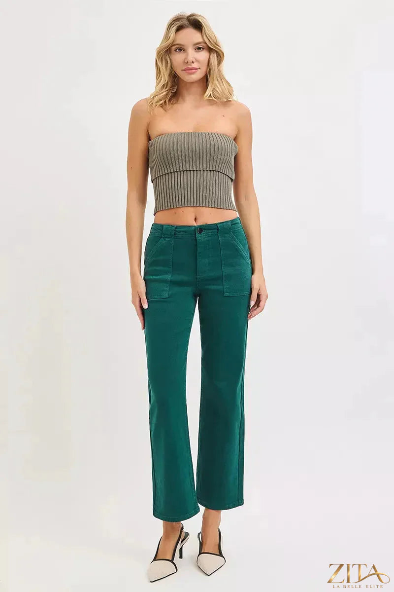 Zita La Belle Elite RISEN high rise ankle flare patch pocket jeans showing denim fabric and stylish flare cut with pockets.