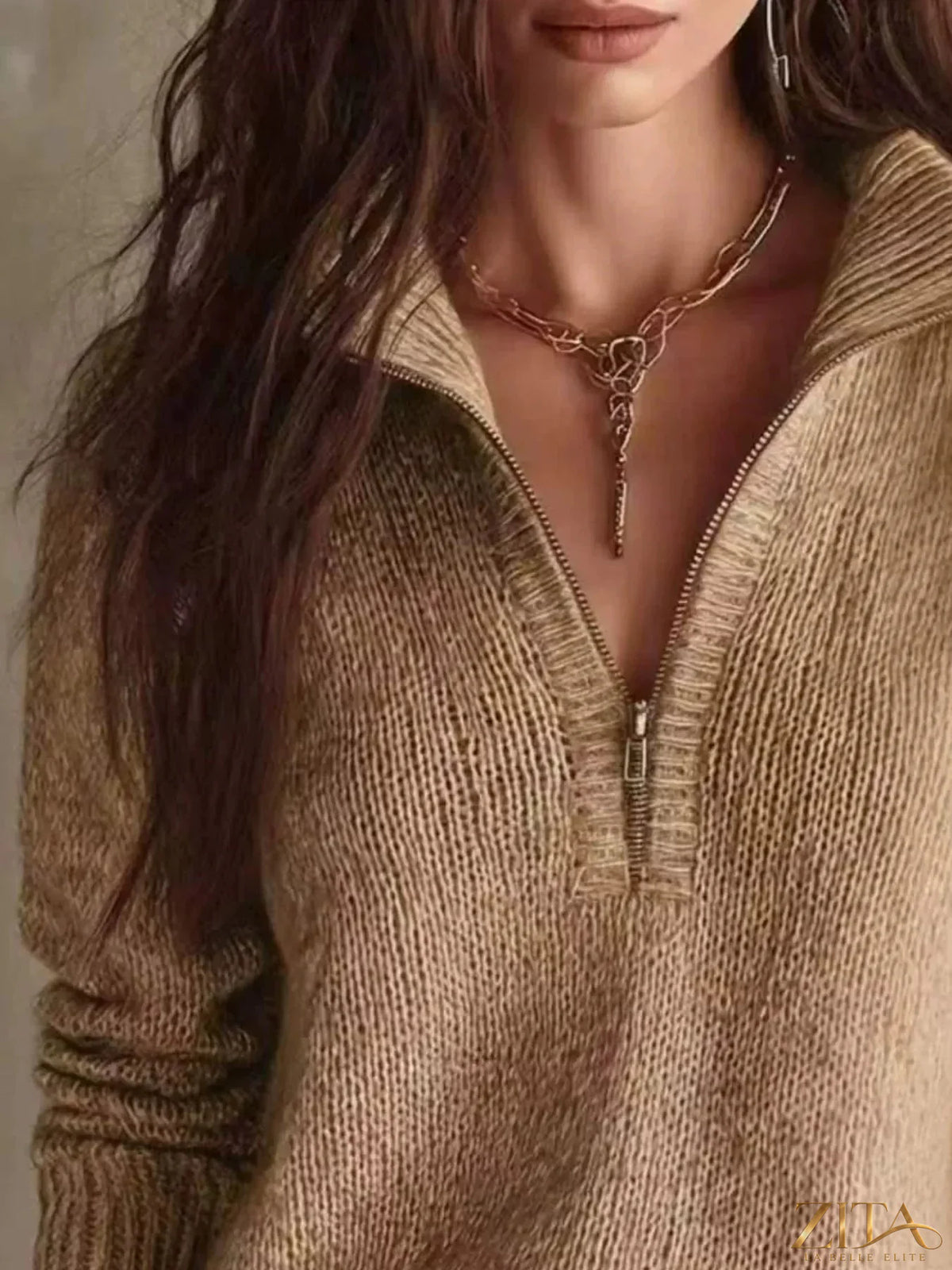 Zita La Belle Elite half zip dropped shoulder sweater in soft knit with ribbed cuffs and relaxed fit, shown in a neutral color.