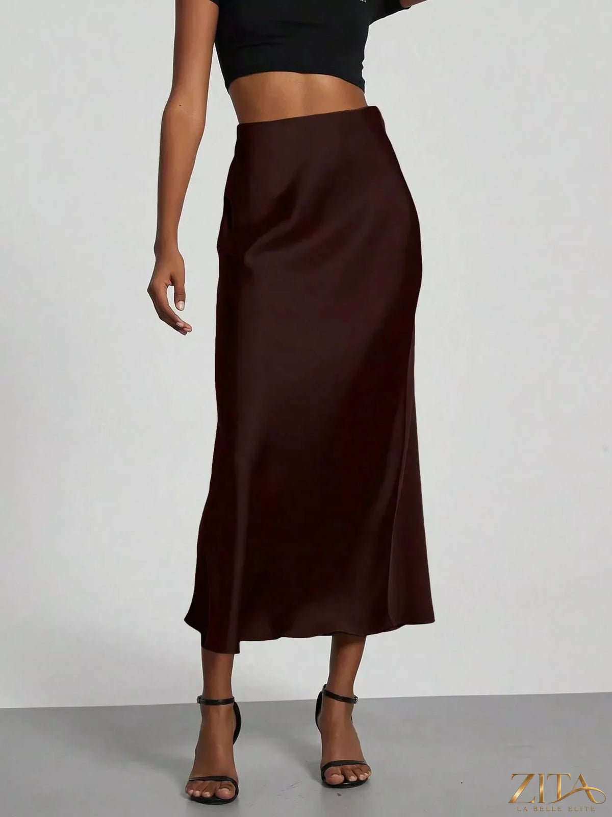 Satin midi skirt by Trendsi in a smooth, shiny fabric with a high waist and flowing silhouette.
