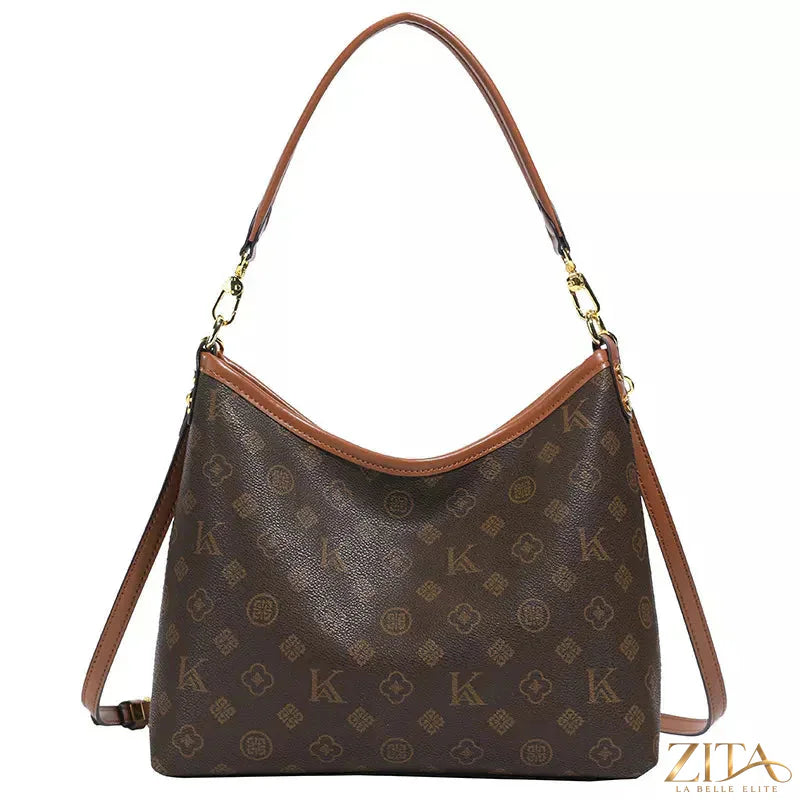 Zita La Belle Elite monogram pattern shoulder bag with a sleek design and adjustable strap, featuring iconic logo pattern on fabric.