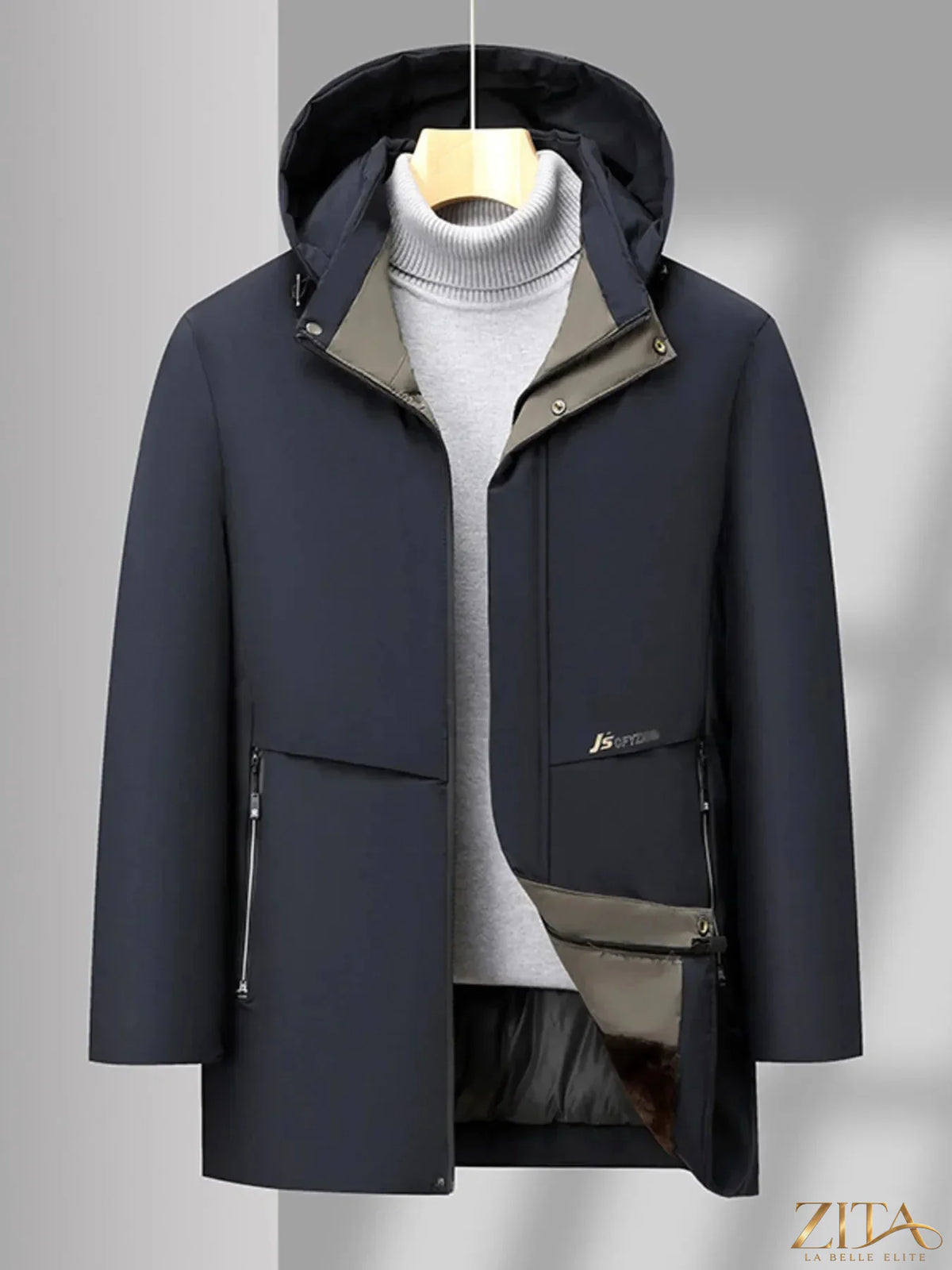 Men's plus size winter coat with thermal lining and hood by Zita La Belle Elite, shown with a warm, insulated design for cold weather.