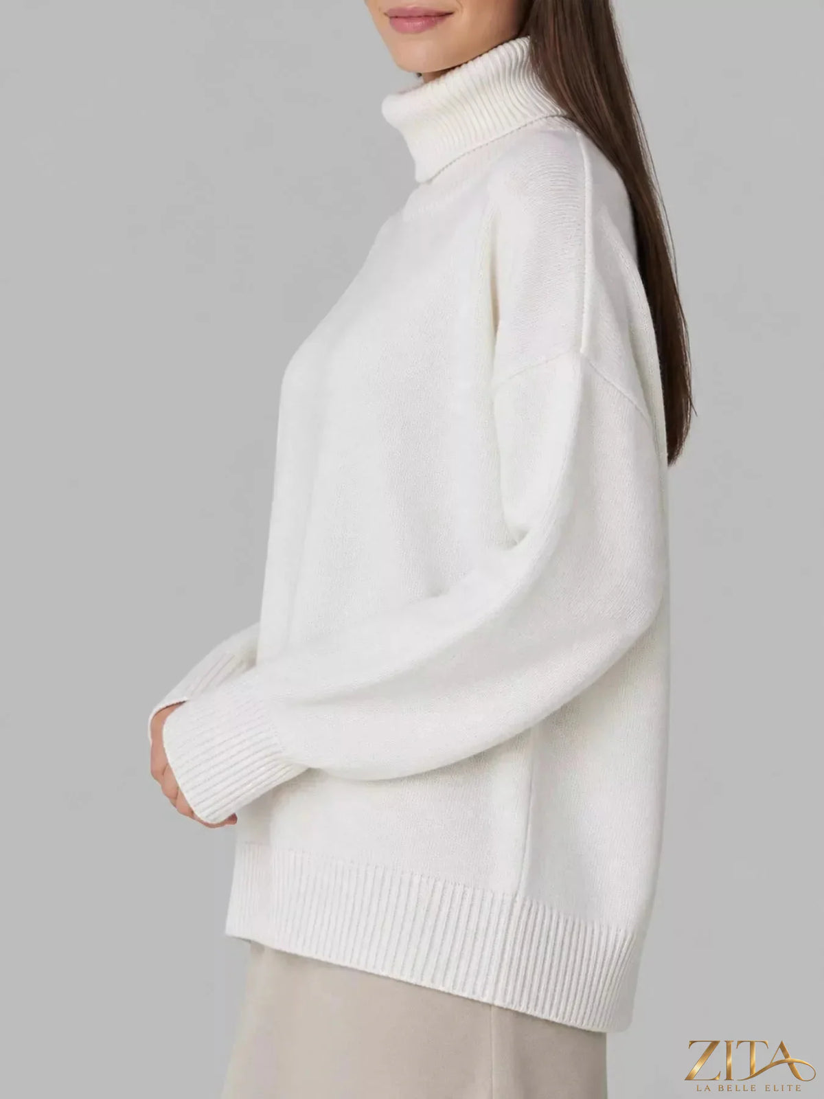 Zita La Belle Elite turtleneck dropped shoulder sweater in cozy knit, featuring a relaxed fit and stylish design.
