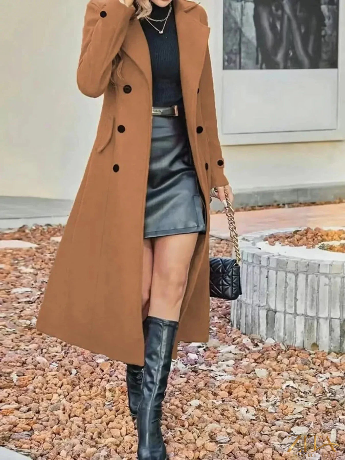 Plus size Zita La Belle Elite double-breasted longline trench coat, full-length, stylish for women, shown in a neutral color.