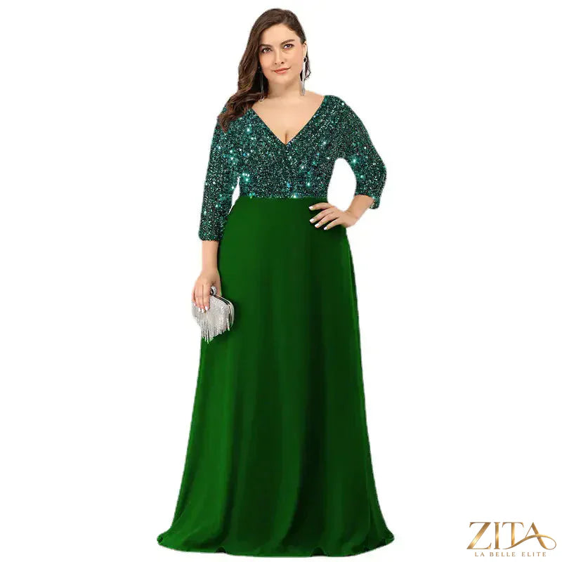 Plus size luxury floor-length sequin evening dress by Zita La Belle Elite, elegant women’s formal gown with shimmering sequins.