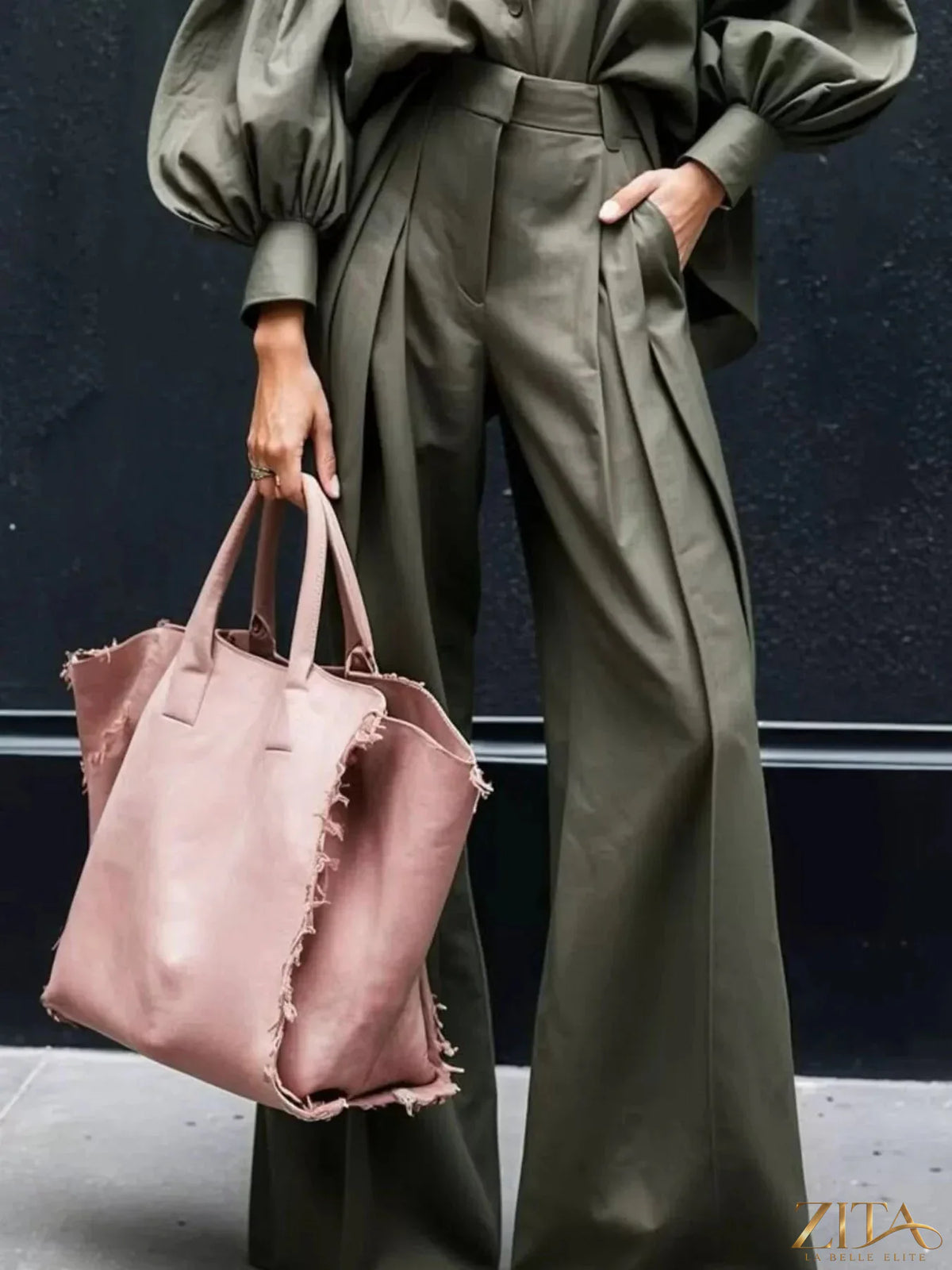 Zita La Belle Elite lantern sleeve shirt and wide leg pants set, featuring a stylish, coordinated outfit with flowing fabric and modern design.