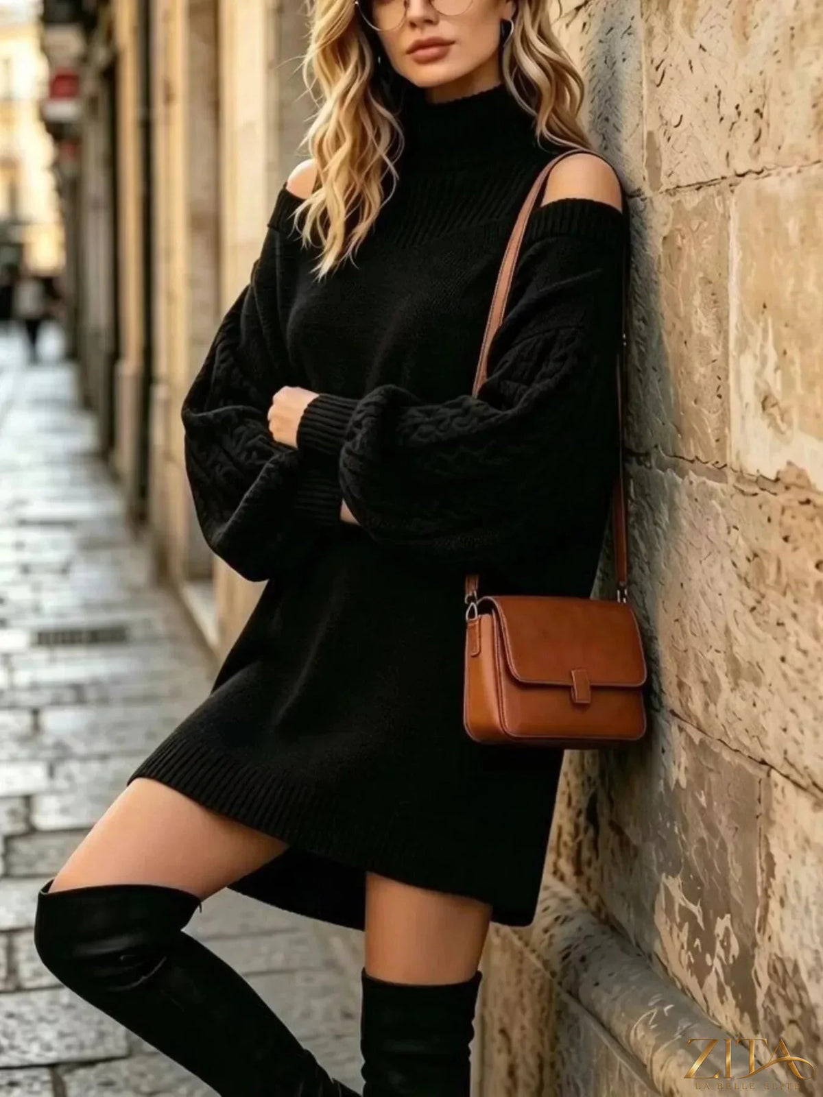 Plus size Zita La Belle Elite cold-shoulder cable knit turtleneck sweater with stylish cutouts and cozy fit.
