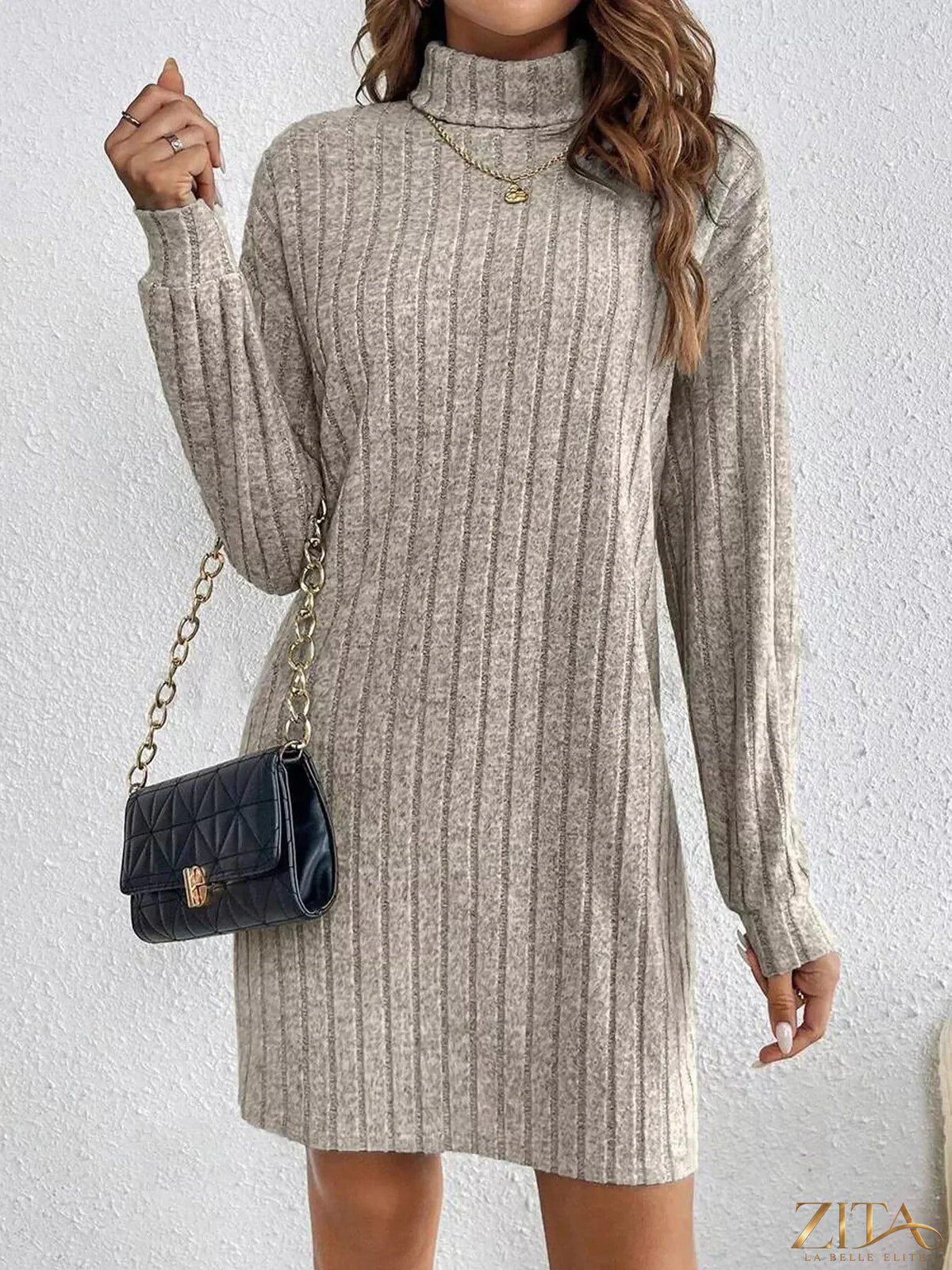 Zita La Belle Elite ribbed knit turtleneck dress showcasing a fitted, long-sleeve design in soft, textured fabric.
