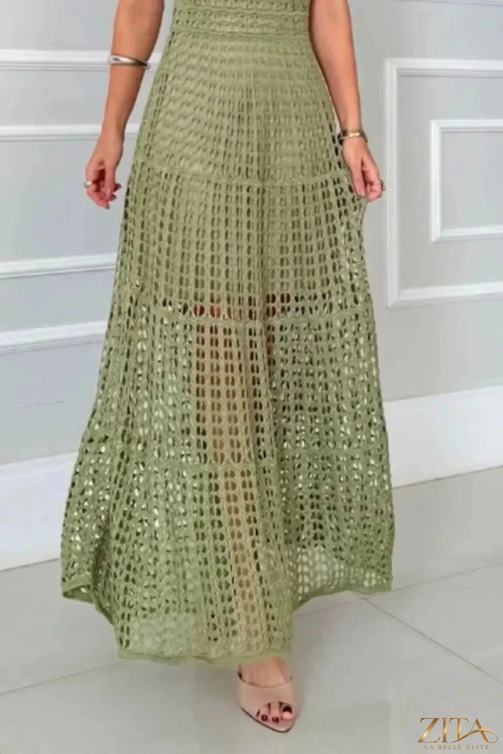 Zita La Belle Elite hollowed-out sleeveless maxi dress with open back and flowing silhouette, elegant and stylish for summer wear.