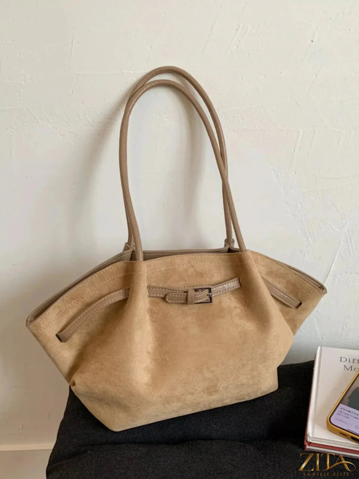 Solid color Zita La Belle Elite buckle tote bag with sturdy handles and minimalist design, suitable for everyday use.