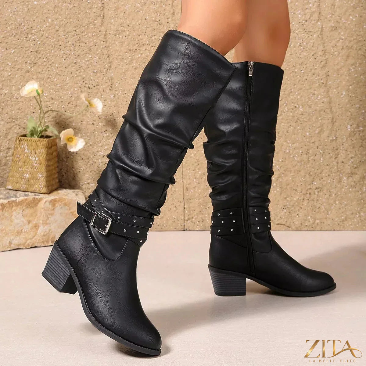 Zita La Belle Elite round toe block heel boots in black leather with side zipper detail and chunky heel.