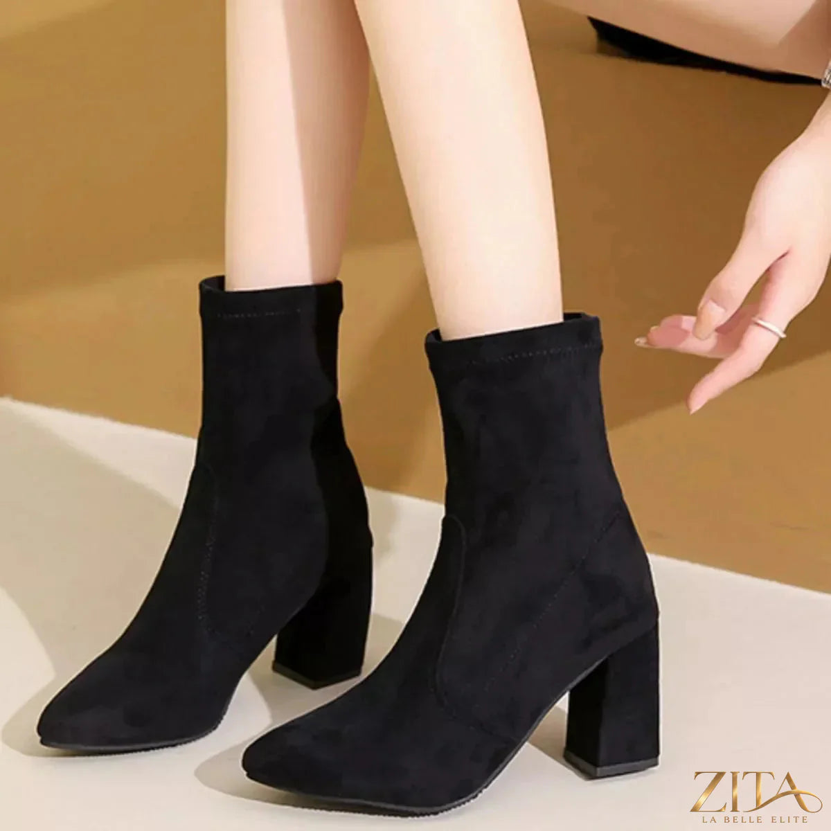 Zita La Belle Elite point toe black block heels boots with sleek design and sturdy heels, perfect for stylish everyday wear.