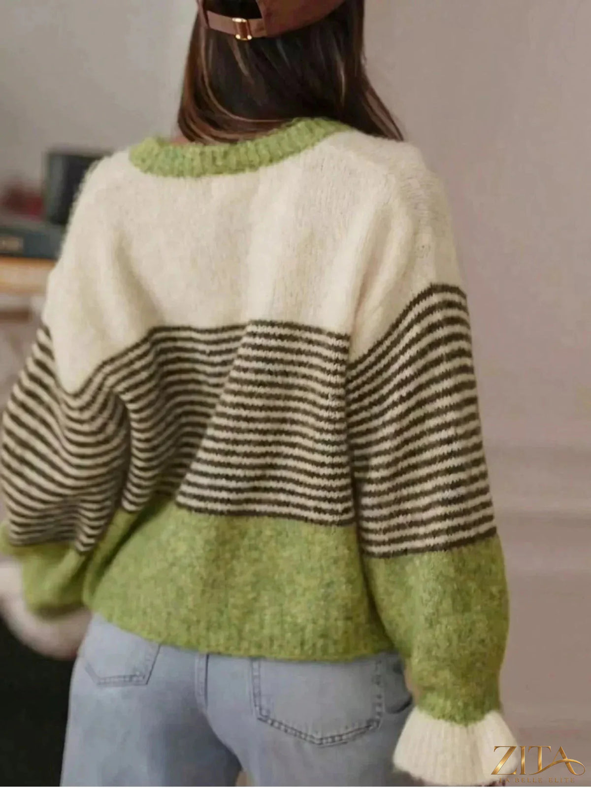 Striped color-block button-down cardigan by Zita La Belle Elite, featuring bold stripes and a classic fit.