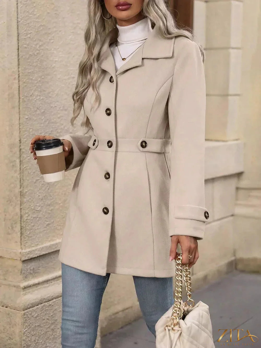 Zita La Belle Elite collared neck button-up coat, shown in black with classic design and front buttons, suitable for stylish winter wear.
