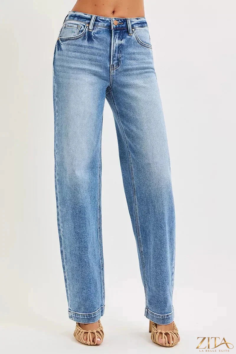 Zita La Belle Elite RISEN high-rise wide baggy jeans displayed on a hanger with a washed denim finish and relaxed fit style.